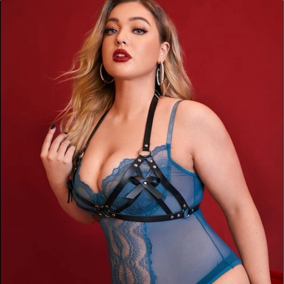 PU Leather Ring Linked Harness Bow Bra Plus Size - Picture 3 of 5